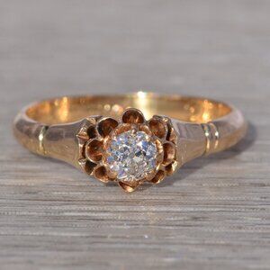 Old Mine Cut Natural Diamond Ring in 14 Karat Yellow Gold